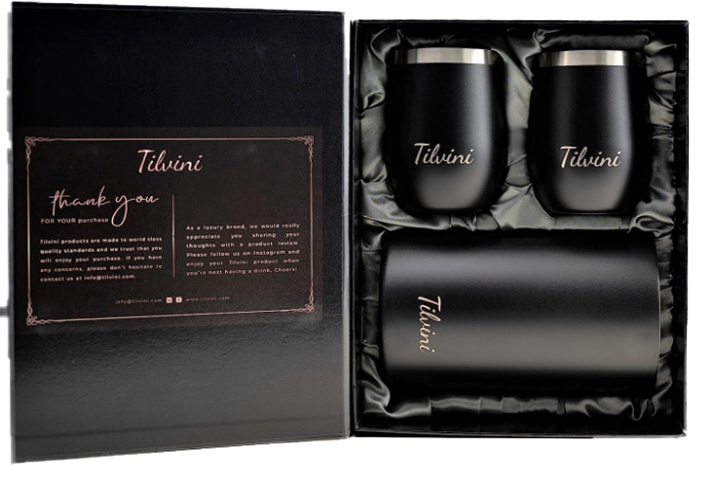 Tilvini Insulated Wine and Champagne Chiller With 2 Tumblers Silk Gift Box Black