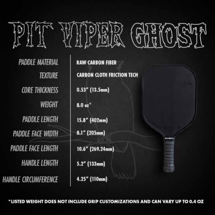 Wild Monkeys "Pit Viper Ghost" Wide Body Lightweight Raw T700 Carbon Fiber Pickleball Paddle
