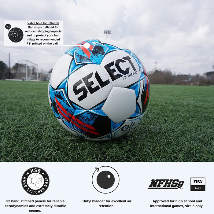 Select Diamond Soccer Ball White/Blue/Red Size 5 NHFS Approved