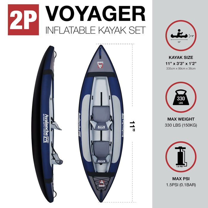 Avalanche 2-Person Voyager Inflatable Blue Kayak With Paddle, Seat, Carry Bag