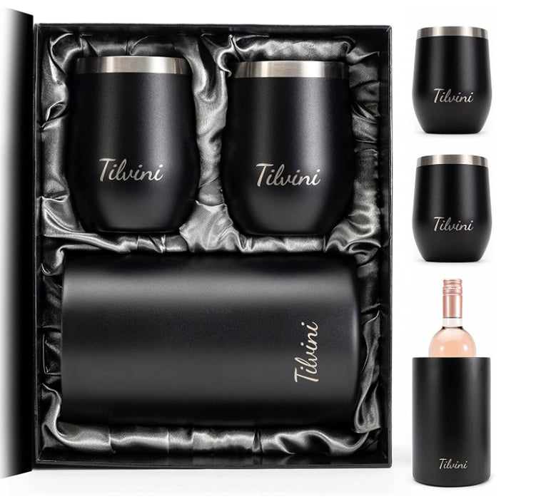 Tilvini Insulated Wine and Champagne Chiller With 2 Tumblers Silk Gift Box Black