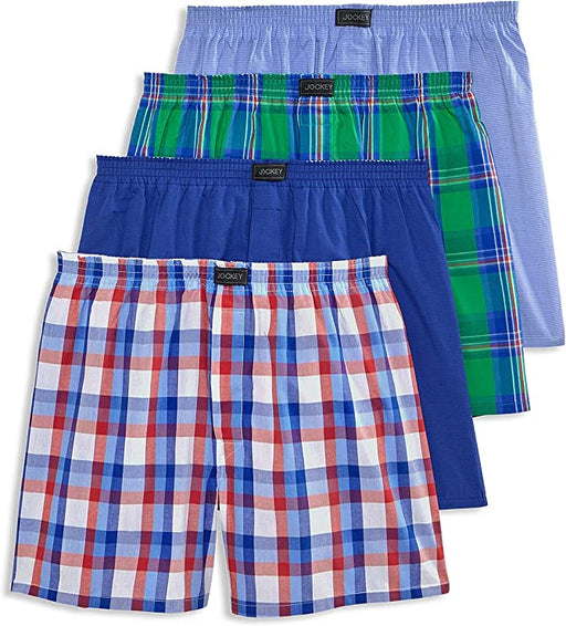 Bundle of 2-4 Packs of Jockey Men's ActiveBlend 5" Large Quartz Bold Plaid/Blue Textured Stripe/Large Check/Light Blue Textured Stripe Mid-Rise Woven Boxer Underwear