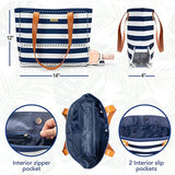 Tilvini Canvas Wine or Champagne Tote Beach Bag With Insulated Compartment Blue and White