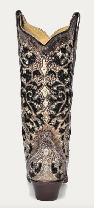 Corral Women's A3569 Brown Inlay & Flowered Embroidery Snip Toe Western Boots