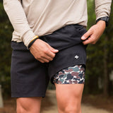 Burlebo Men's Athletic Workout Shorts With Built-in Liner (Heather Black - Throwback Camo)