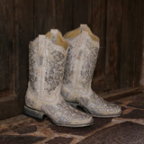 Corral Women's A3397 White Glitter & Crystals Square Toe Western Boots