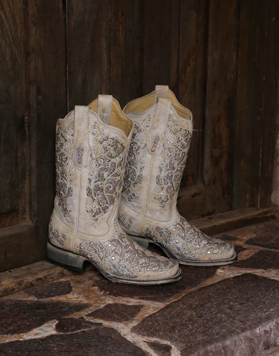 Corral Women's A3397 White Glitter & Crystals Square Toe Western Boots