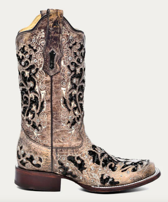 Corral Women's A3648 Brown & Sequined Tooled-Inlay Square Toe Western Boots