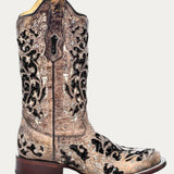 Corral Women's A3648 Brown & Sequined Tooled-Inlay Square Toe Western Boots