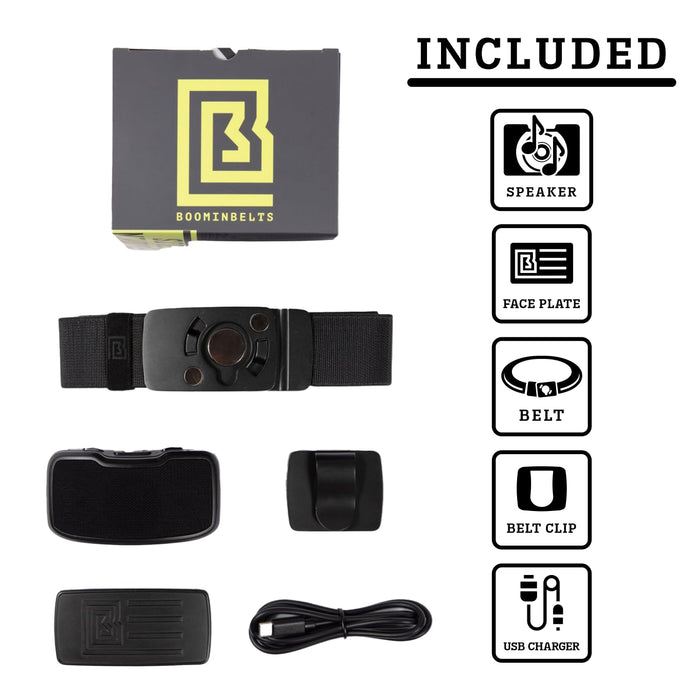 Boomin Belts Portable Bluetooth Belt Buckle Speaker with Faceplate | Water Resistant Magnetic Wearable Bluetooth Speaker with Clip Holder and 4GB Storage | 6+ Hour Battery Life | Belt Included