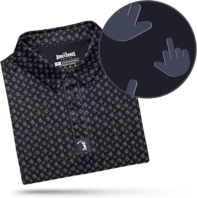 Bogey Bros Men's 4 Way Stretch Short Sleeve Golf Polo Shirt (Mixed, Birdie Finger - Raven)