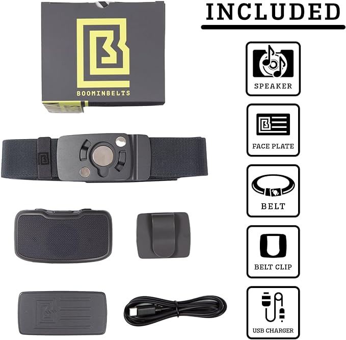 Boomin Belts Portable Bluetooth Belt Buckle Speaker with Faceplate | Water Resistant Magnetic Wearable Bluetooth Speaker with Clip Holder and 4GB Storage | 6+ Hour Battery Life | Belt Included