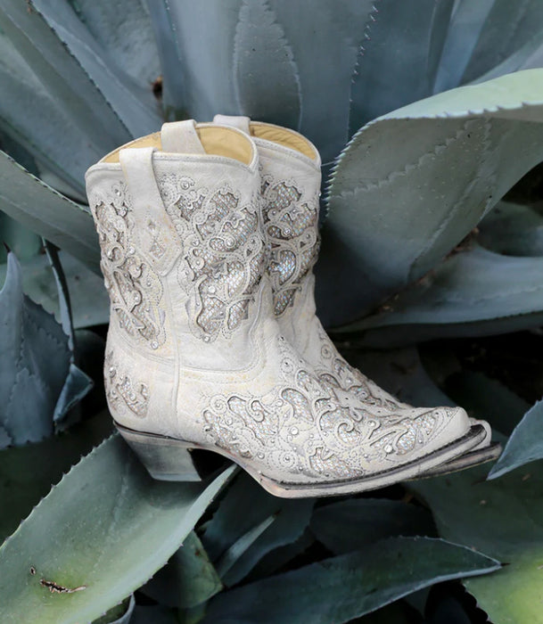 Corral Women's A3550 White Glitter & Crystals Snip Toe Western Ankle Boots