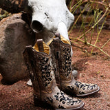 Corral Women's A3648 Brown & Sequined Tooled-Inlay Square Toe Western Boots