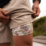 Burlebo Men's Athletic Workout Shorts With Built-in Liner (Heather Khaki - Driftwood Camo)
