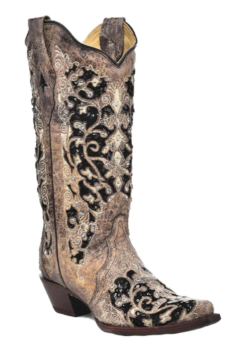 Corral Women's A3569 Brown Inlay & Flowered Embroidery Snip Toe Western Boots