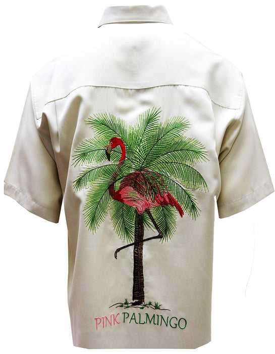 Bamboo Cay Mens Pink Palmingo Button Front Embroidered Camp Shirt