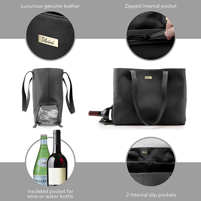 Tilvini Genuine Leather Wine-Tote Bag With Insulated Cooler With Bottle Compartment Black