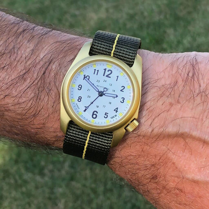 Bertucci A-2A Defender Olive Nylon Strap 40mm Golden Case White Dial Field Watch