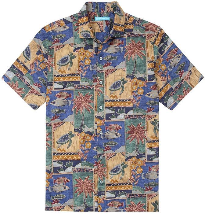Tori Richard Marquises Blue Small Button Down Short Sleeve Hawaiian Shirt