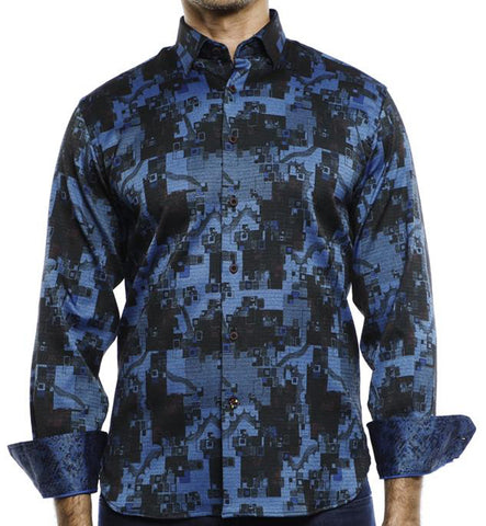 Luchiano Visconti Small Blue And Black Abstract Check Design Long Sleeve Shirt