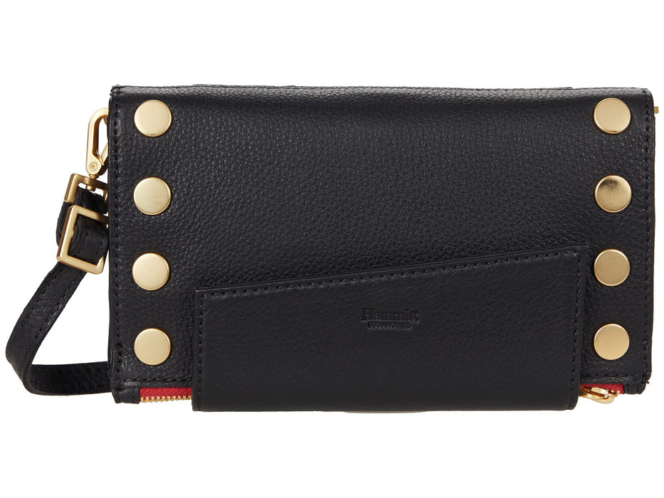Hammitt Women's Levy Small Leather Purse With Strap Black/Brushed Gold With Red Zipper