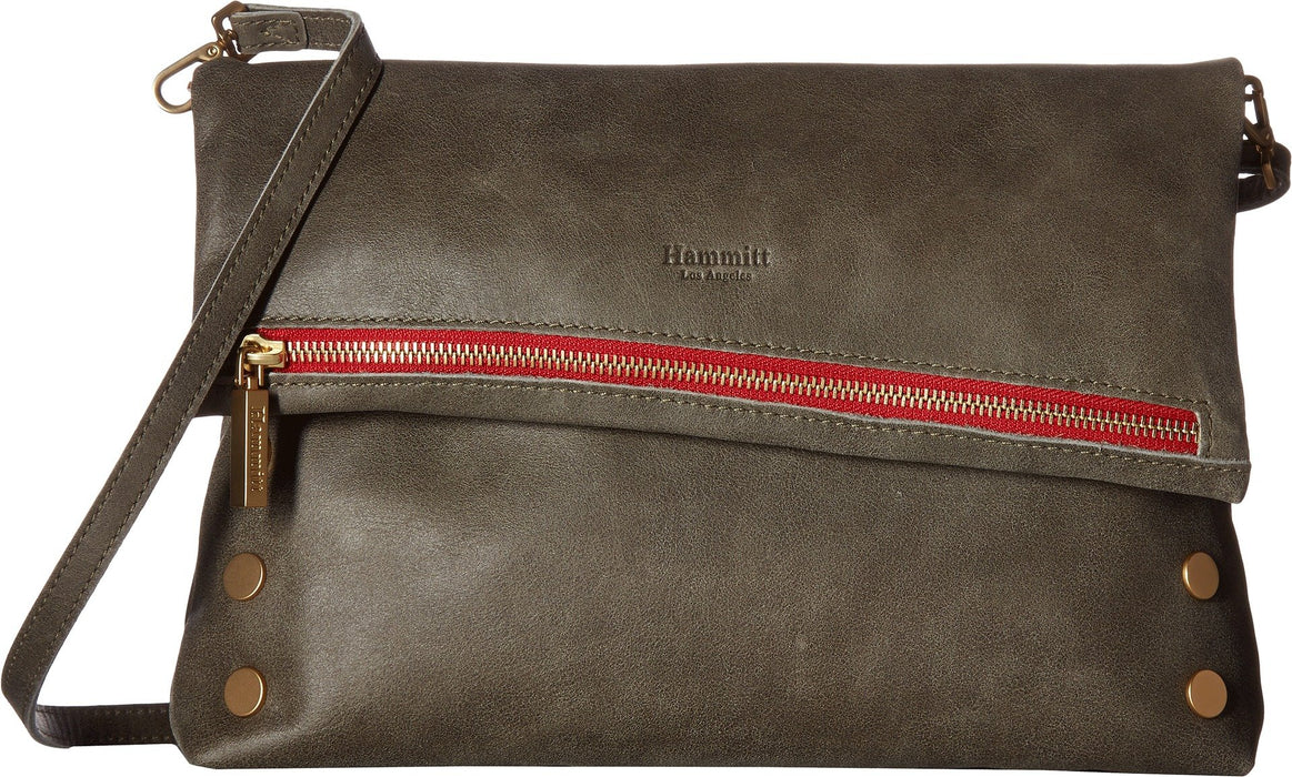 Hammitt Women's VIP Large Leather Purse With Strap Pewter/Brushed Gold With Red Zipper
