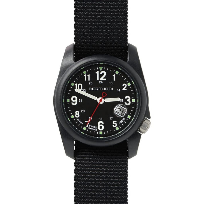 Bertucci DX3 Super Black Nylon Strap 40mm Black Polycarbonate Dial Field Watch