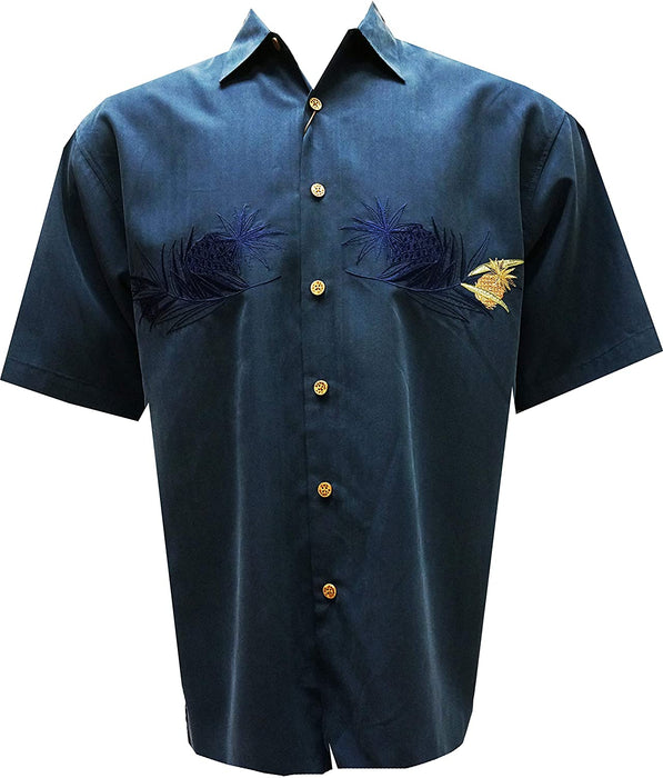 Bamboo Cay Men's Large Lonely Pineapple Navy Camp Collar Embroidered Shirt