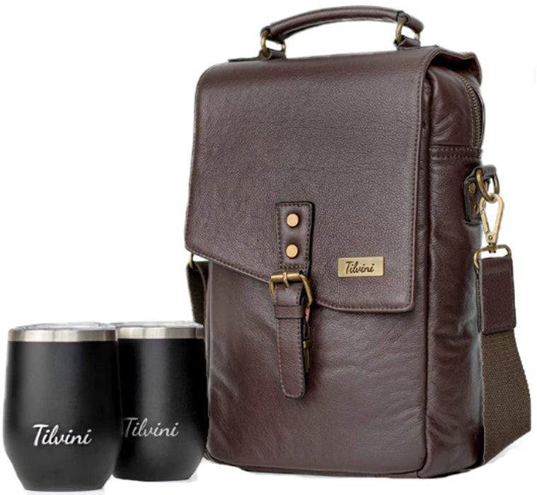 Tilvini Insulated Leather Wine Bag Tote With 2 Stainless Steel Wine Tumblers Brown