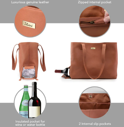 Tilvini Genuine Leather Wine Tote Bag With Insulated Cooler With Bottle Compartment Brown