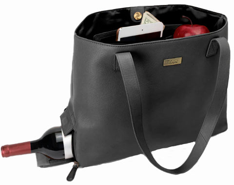 Tilvini Genuine Leather Wine-Tote Bag With Insulated Cooler With Bottle Compartment Black