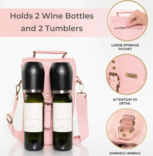 Tilvini Insulated Leather Wine Bag Tote With 2 Stainless Steel Wine Tumblers Pink