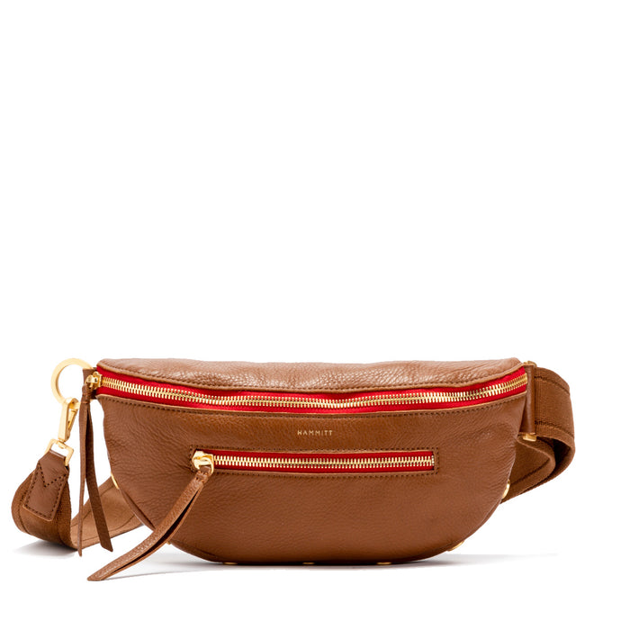 Hammitt Women's Mahogany Pebble/Brushed Gold Red Zip Charles Crossbody Leather Belt Bag
