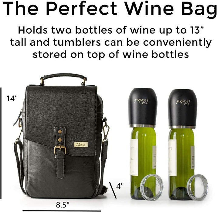 Tilvini Insulated Leather Wine Bag Tote With 2 Stainless Steel Wine Tumblers Black
