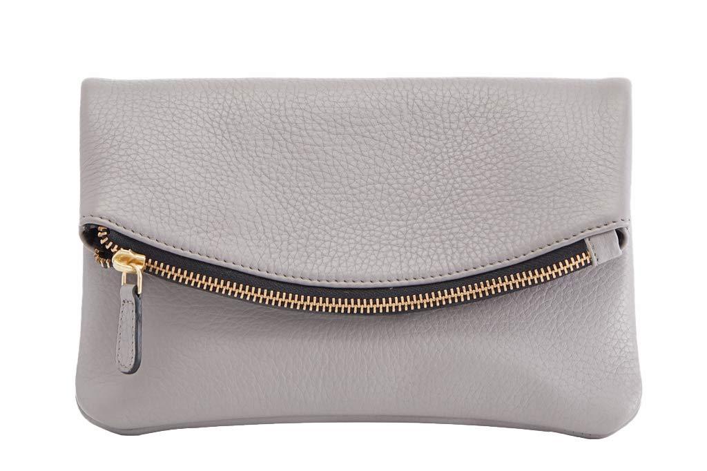 Kiko Leather Women's Grey Flap Clutch with Bronze Chain & Leather Strap - Sports by Sager
