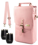 Tilvini Insulated Leather Wine Bag Tote With 2 Stainless Steel Wine Tumblers Pink