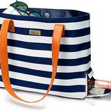 Tilvini Canvas Wine or Champagne Tote Beach Bag With Insulated Compartment Blue and White