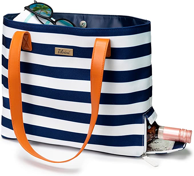 Tilvini Canvas Wine or Champagne Tote Beach Bag With Insulated Compartment Blue and White