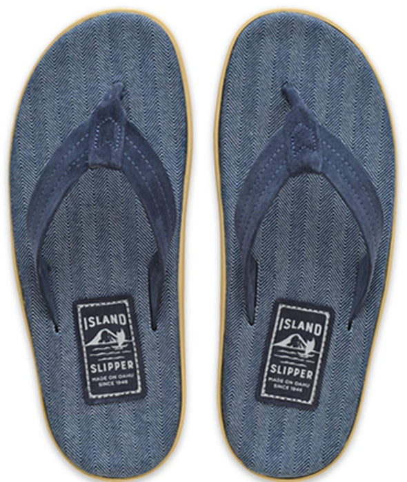 Island Slipper Mens Fabric and Suede Navy- Herringbone Size 9 Sandals