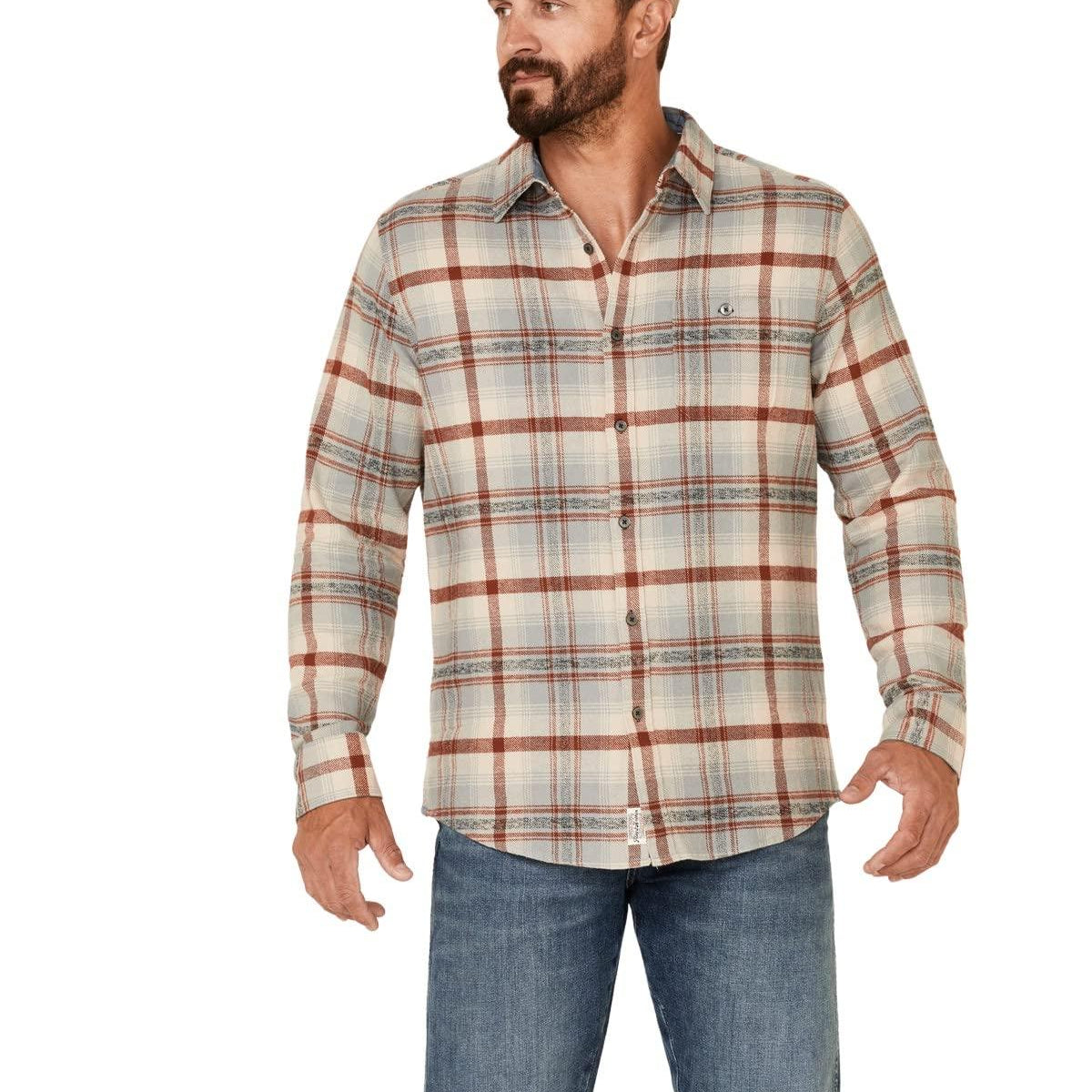 Flag & Anthem Cream/Brown Medium Godwin Long Sleeve Button Down Flannel Shirt - Sports by Sager