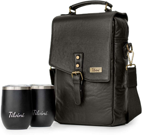 Tilvini Insulated Leather Wine Bag Tote With 2 Stainless Steel Wine Tumblers Black