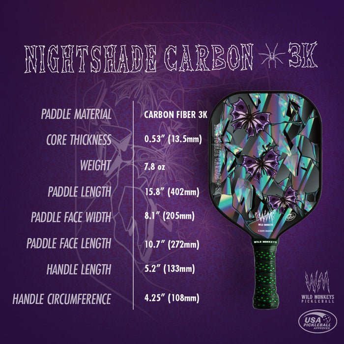 Wild Monkeys "Nightshade Carbon 3K" Wide Body Midweight Carbon Fiber Pickleball Paddle