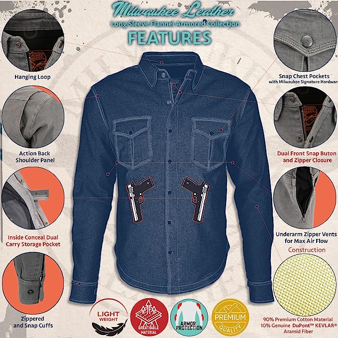Milwaukee Leather Men's MPM1620 Black Flannel CE Approved Armor Biker Shirt