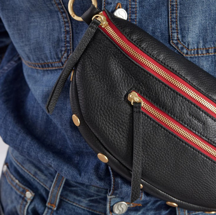 Hammitt Women's Black/Brushed Gold Red Zip Charles Crossbody Leather Belt Bag