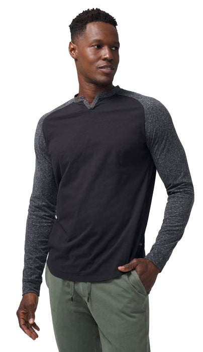 Good Man Brand Medium Black/Charcoal Heather Varsity V-Notch Neck L/S Shirt