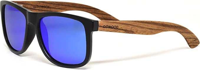 Zebra Wood Square Sunglasses For Men and Women with Blue Mirrored Polarized Lenses GOWOOD