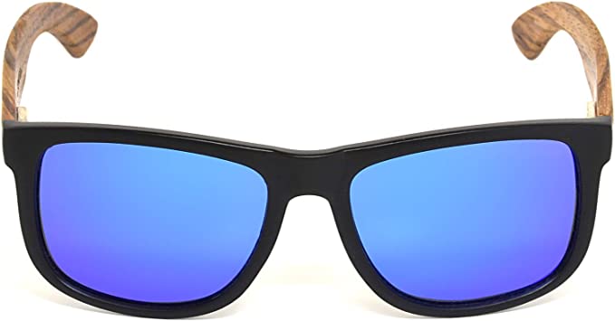 Zebra Wood Square Sunglasses For Men and Women with Blue Mirrored Polarized Lenses GOWOOD