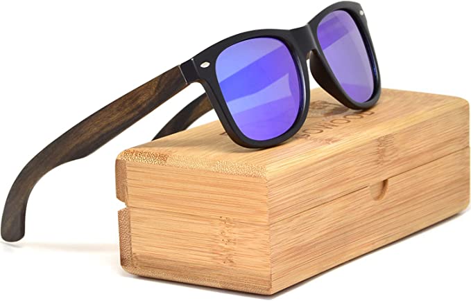 GOWOOD Men and Women Sunglasses Ebony Wood Temples - Blue Mirrored CR39 Polarized Lenses - Black Acetate Front Frame