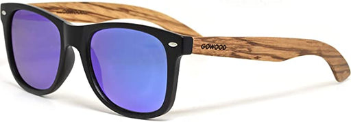 GOWOOD Men and Women Sunglasses Zebra Wood Temples - Blue Mirrored CR39 Polarized Lenses - Black Acetate Front Frame